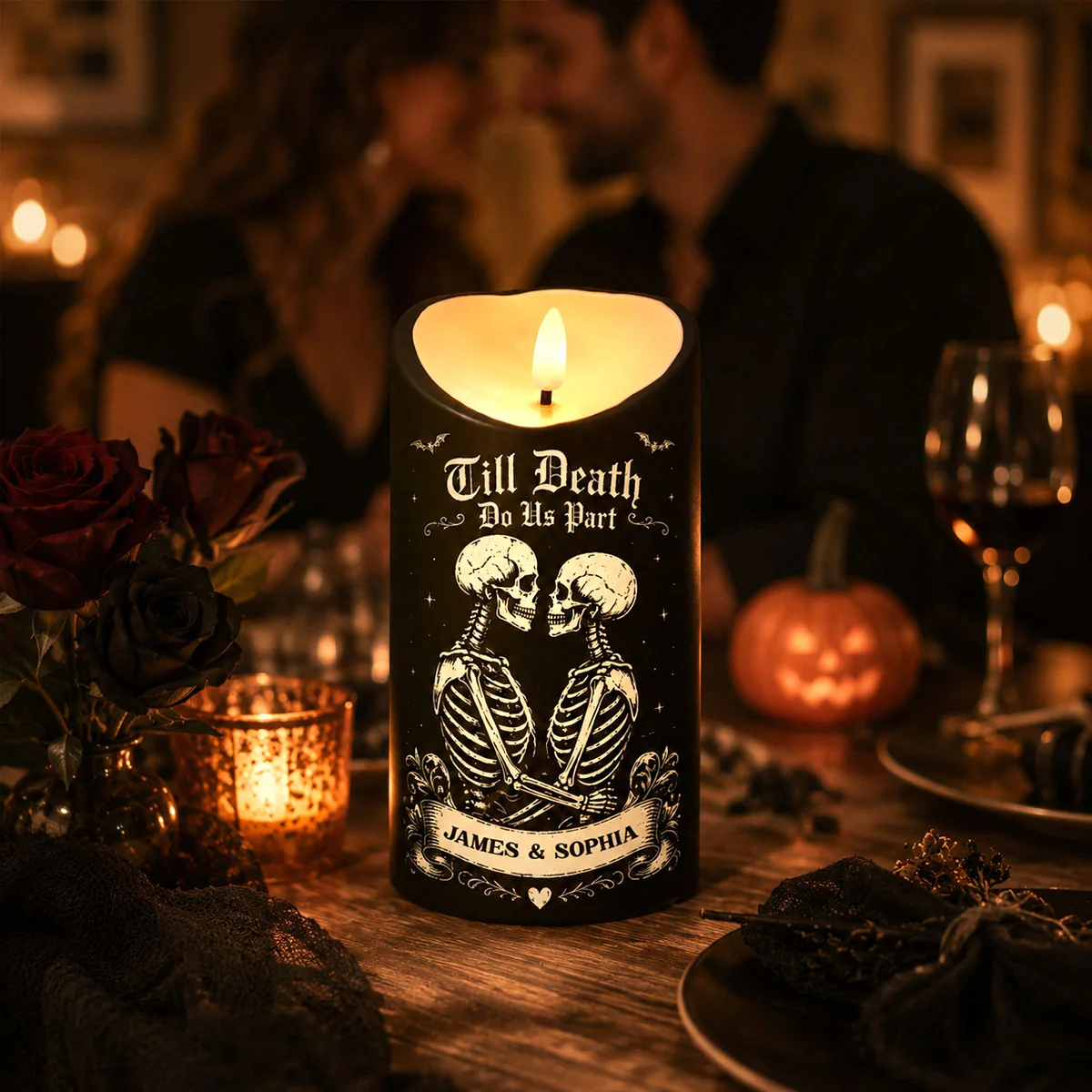 💀 Till Death Do Us Part Personalized LED Candle – Skeleton Couple Halloween Decor, Gothic Couple Gift 🖤🎃