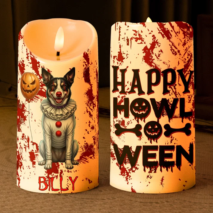 🎃🐶 Halloween Custom Pet Name Happy Howloween Scary Clown Personalized LED Candle 🕯️🤡