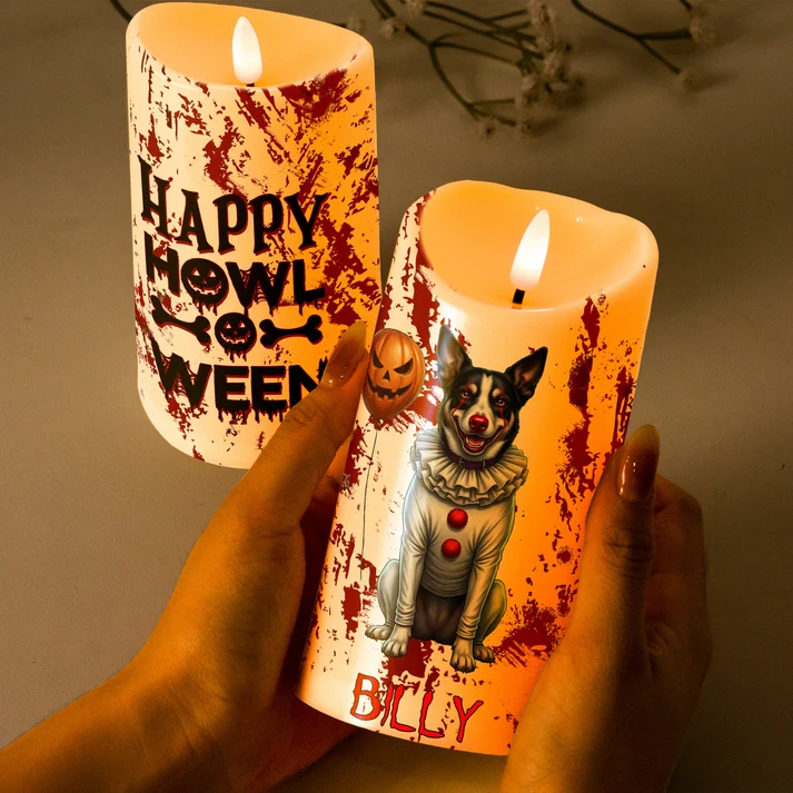 🎃🐶 Halloween Custom Pet Name Happy Howloween Scary Clown Personalized LED Candle 🕯️🤡