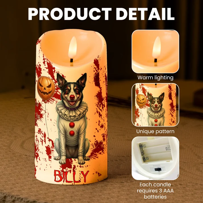 🎃🐶 Halloween Custom Pet Name Happy Howloween Scary Clown Personalized LED Candle 🕯️🤡