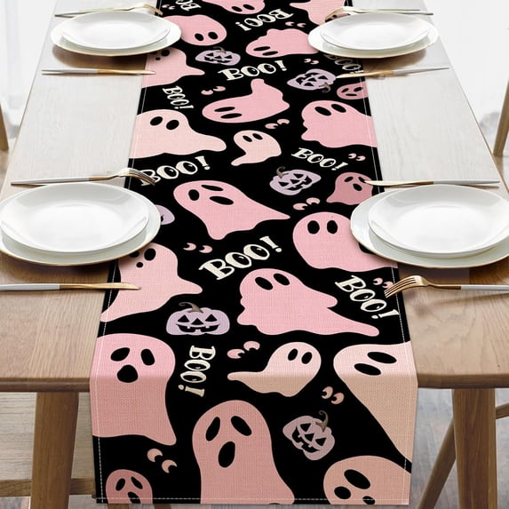 Halloween Cute Ghost Boo Dining Table Runner, Pink Spooky Bat Burlap Kitchen Decoration, Funny Pastel Indoor Outdoor Home Decor Party Supply