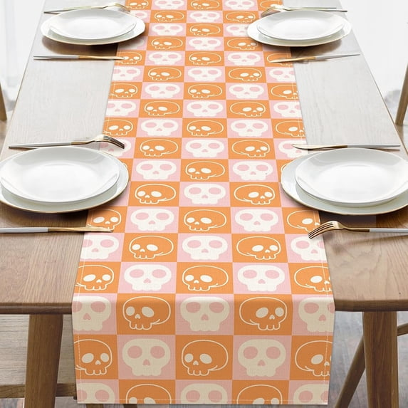 Halloween Linen Table Runner, Pink Orange Checkerboard Skull Print Table Runner, Cute Gothic Halloween Decor Table Runner for Dining Kitchen Party