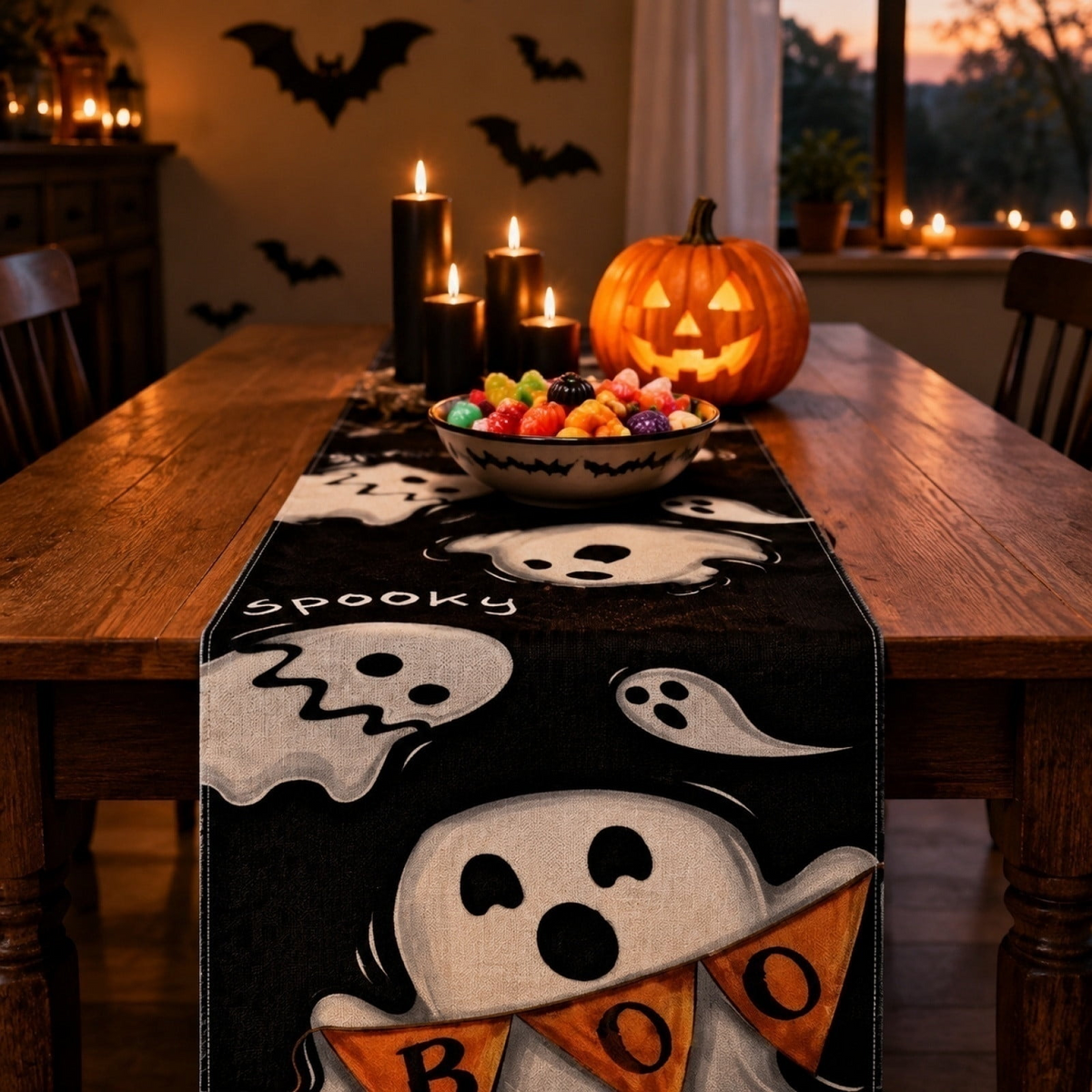 Halloween Table Runner, Spooky Pumpkin Ghost Print Linen Dining Table Decor for Kitchen Party & Fall Holiday Home Decoration