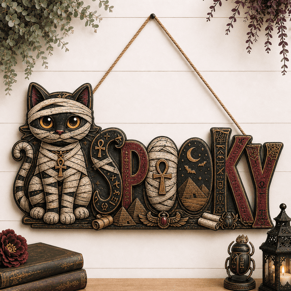 Halloween Wood Door Hanger Spooky Mummy Cat Wood Front Door Sign for Halloween Hosts