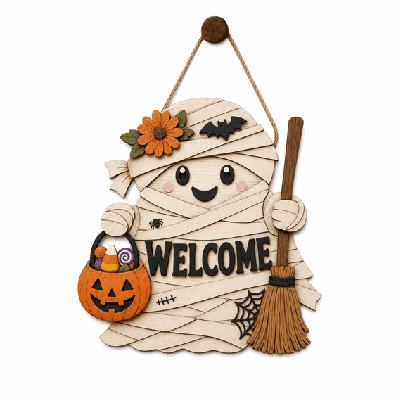 Halloween Wood Door Sign Mummy Welcome Wooden Front Door Hanger for Spooky Season Hosts