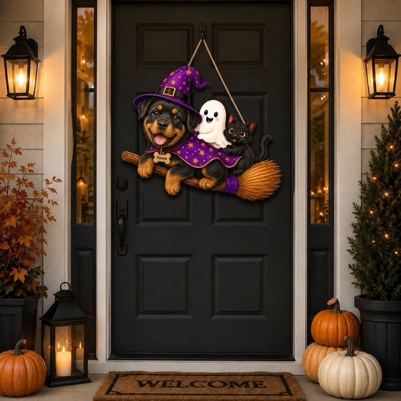 Halloween Wooden Sign Rottweiler Witch Wood Front Door Hanging for Dog Lovers