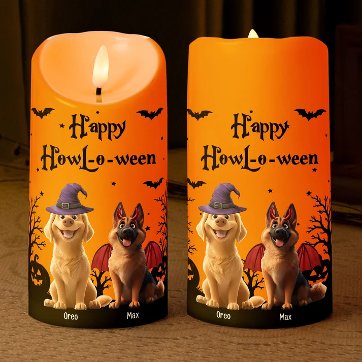 🐶 Dog Mom Happy Howloween Personalized LED Candle – Purple Magical Halloween Decor, Pawfect Gift for Dog Lovers 🎃💜