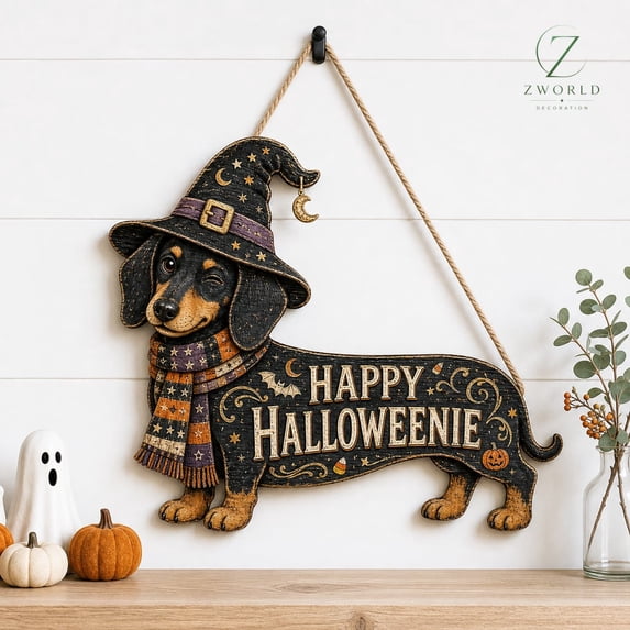 Happy Halloweenie Sign, Dachshund Halloween Door Hanger, Dog Witch Wood Decor