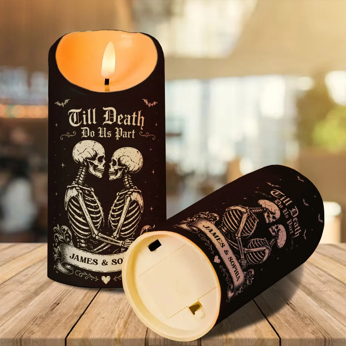 💀 Till Death Do Us Part Personalized LED Candle – Skeleton Couple Halloween Decor, Gothic Couple Gift 🖤🎃