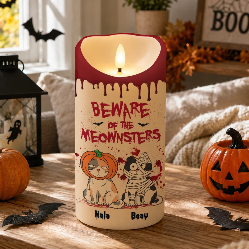 🎃 Personalized Halloween Cat Mom LED Candle – Happy Meowloween 🐱, Custom Flameless Candle, Cat Lover Gift 🎁