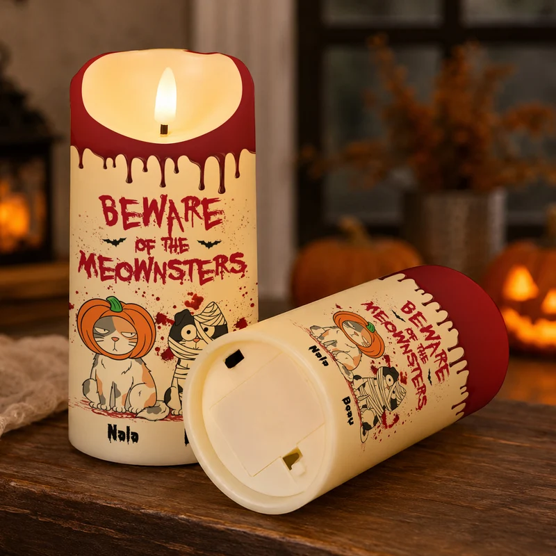 🎃 Personalized Halloween Cat Mom LED Candle – Happy Meowloween 🐱, Custom Flameless Candle, Cat Lover Gift 🎁