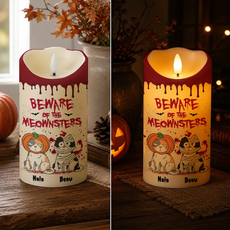 🎃 Personalized Halloween Cat Mom LED Candle – Happy Meowloween 🐱, Custom Flameless Candle, Cat Lover Gift 🎁