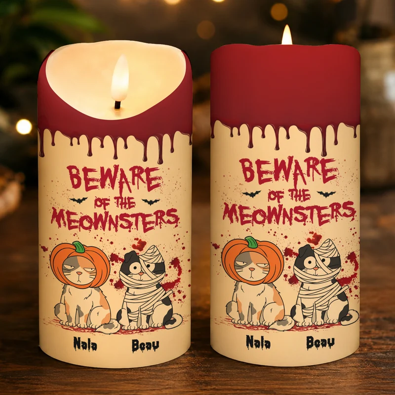 🎃 Personalized Halloween Cat Mom LED Candle – Happy Meowloween 🐱, Custom Flameless Candle, Cat Lover Gift 🎁
