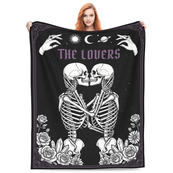 The Lovers Skeleton Blanket Gifts for Adults Women, Gothic Romantic Flannel Throw Blanket, Soft Comfy Lightweight Blanket for Room, Couch, Bed, Sofa, Halloween Goth Decor