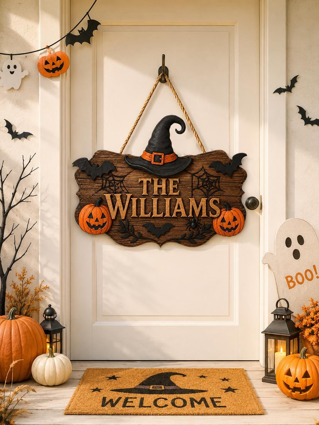 Personalized Halloween Door Sign, Custom Family Name Pumpkin Plaque, Haunted House Welcome Sign
