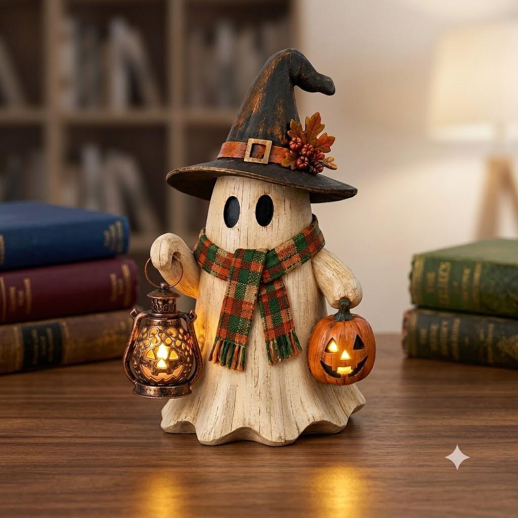 Wooden Ghost Lantern Block, Rustic Halloween Shelf Sitter, Cozy Fall Decor