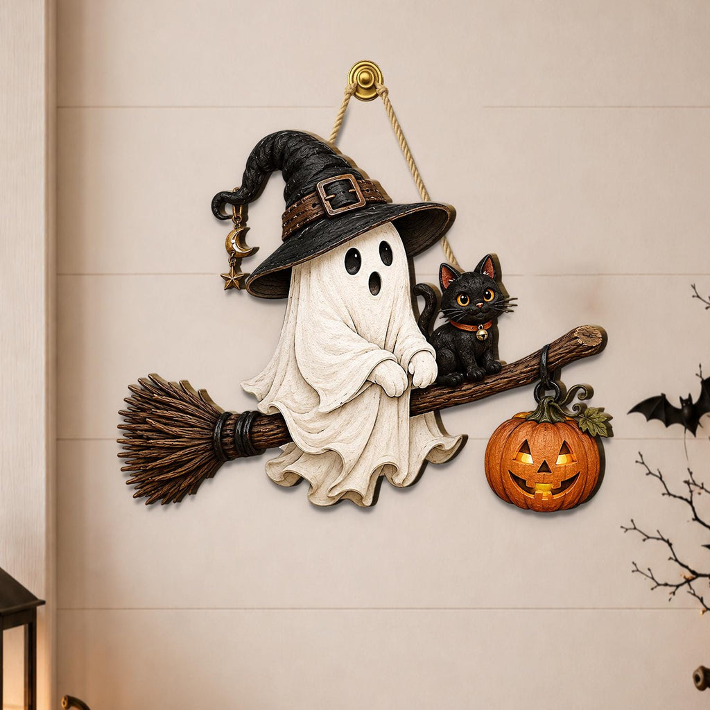 Halloween Ghost Witch Wooden Sign, Black Cat Pumpkin Decor, Rustic Fall Porch Hanger