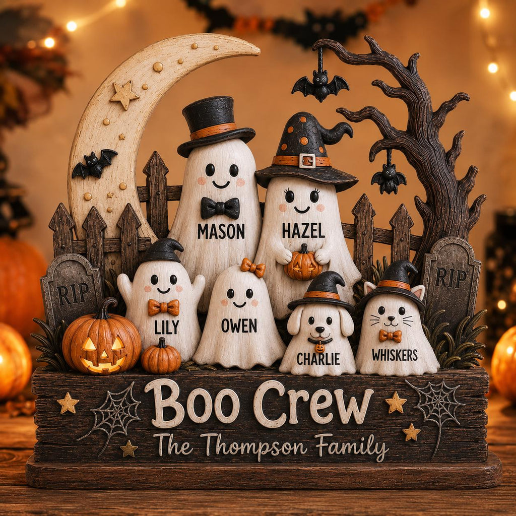 Personalized Halloween Gang Wood Sign, 3D Layered Ghost Family Decor With Custom Names, Crescent Moon Shelf Sitter For Fall Mantel