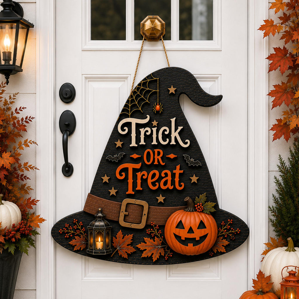 Halloween Witch Hat Door Sign, Trick Or Treat Pumpkin Door Hanger, Wooden Halloween Hanging Decor, Seasonal Wall Sign