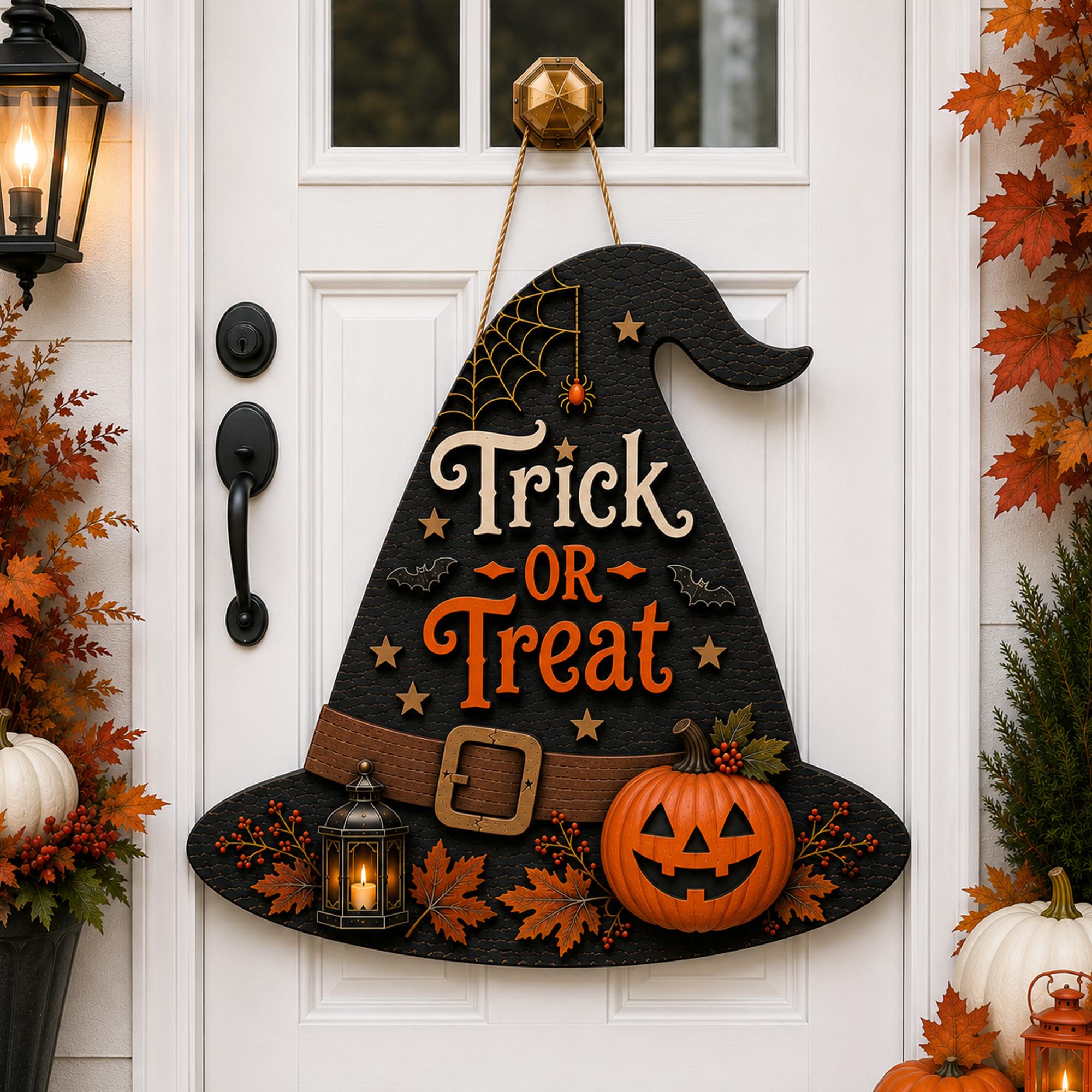 Halloween Witch Hat Door Sign, Trick Or Treat Pumpkin Door Hanger, Wooden Halloween Hanging Decor, Seasonal Wall Sign