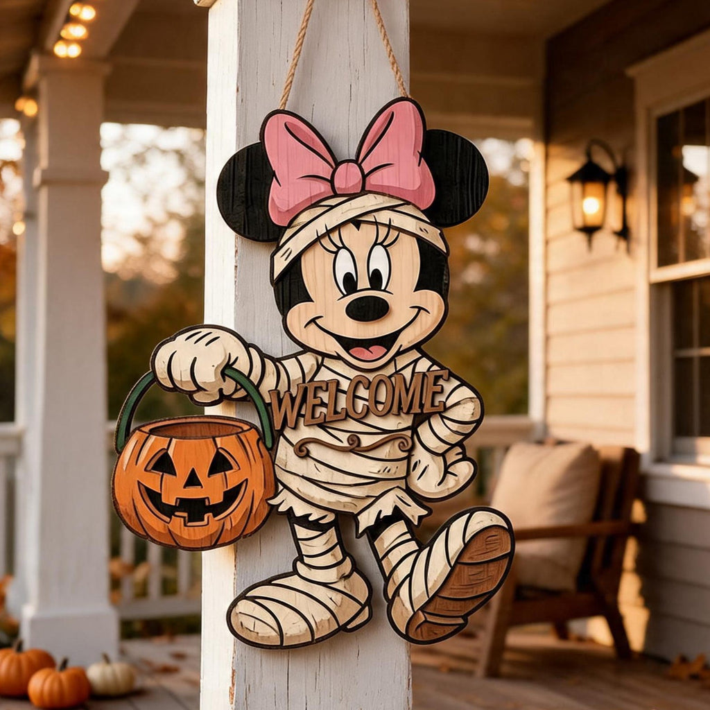 Personalized Spooky Minnie Mouse Door Hanger, Cute Halloween Ghost Sign, Minnie Halloween Decor with Pumpkin