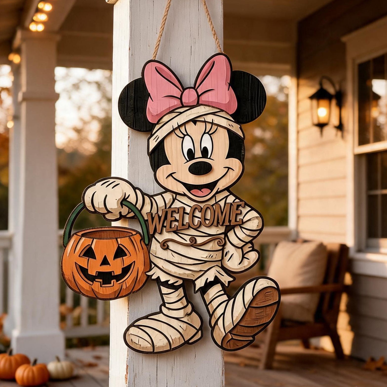 Personalized Spooky Minnie Mouse Door Hanger, Cute Halloween Ghost Sign, Minnie Halloween Decor with Pumpkin