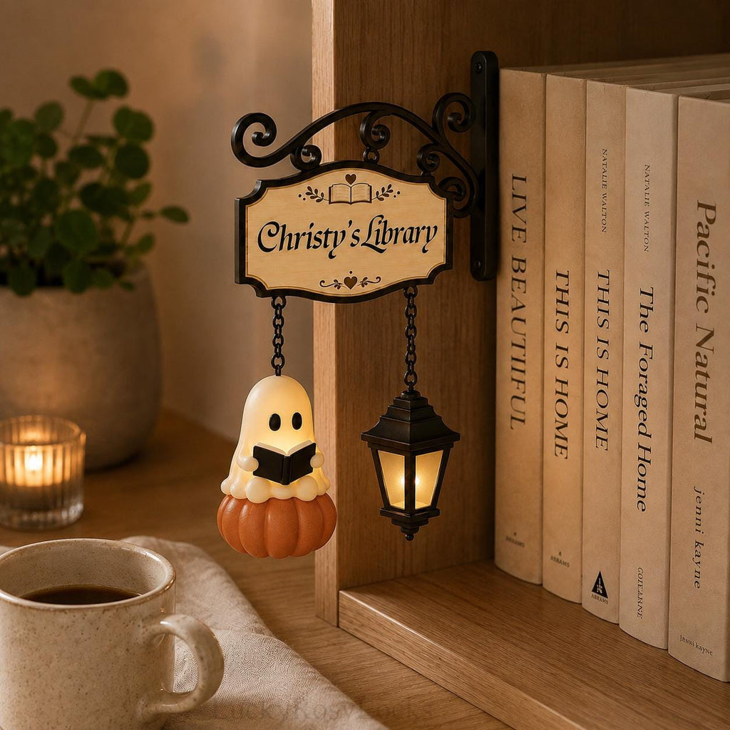 Personalized Reading Ghost Bookshelf Lamp, Halloween Book Nook Decor, Custom Library Light for Book Lovers