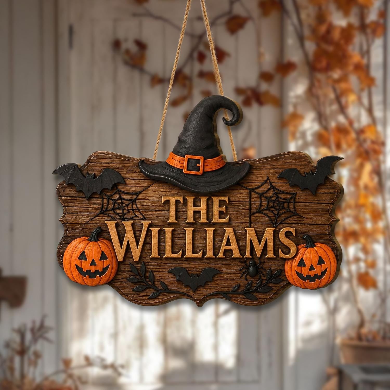 Personalized Halloween Door Sign, Custom Family Name Pumpkin Plaque, Haunted House Welcome Sign