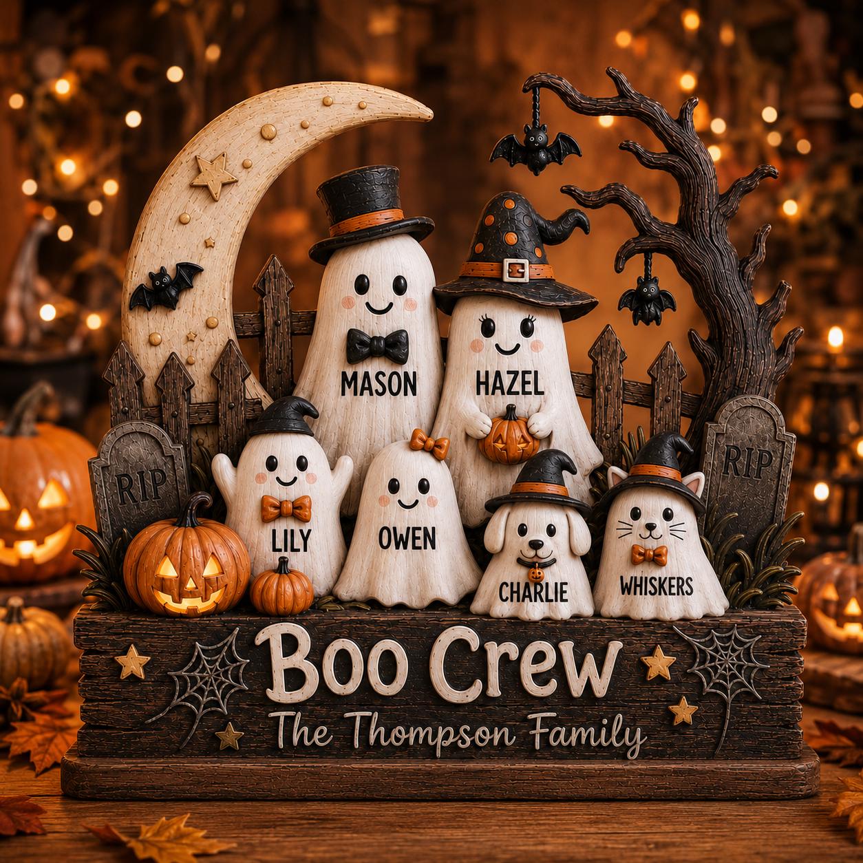 Personalized Halloween Gang Wood Sign, 3D Layered Ghost Family Decor With Custom Names, Crescent Moon Shelf Sitter For Fall Mantel