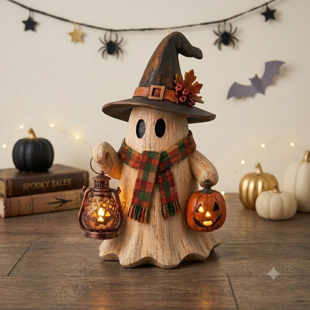 Wooden Ghost Lantern Block, Rustic Halloween Shelf Sitter, Cozy Fall Decor