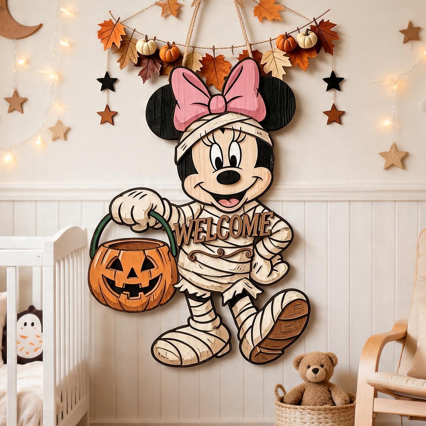 Personalized Spooky Minnie Mouse Door Hanger, Cute Halloween Ghost Sign, Minnie Halloween Decor with Pumpkin