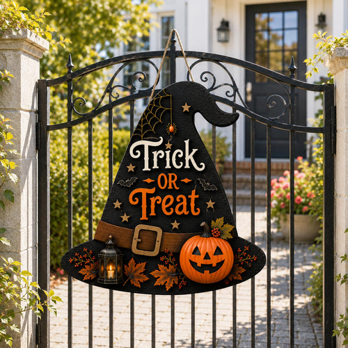 Halloween Witch Hat Door Sign, Trick Or Treat Pumpkin Door Hanger, Wooden Halloween Hanging Decor, Seasonal Wall Sign