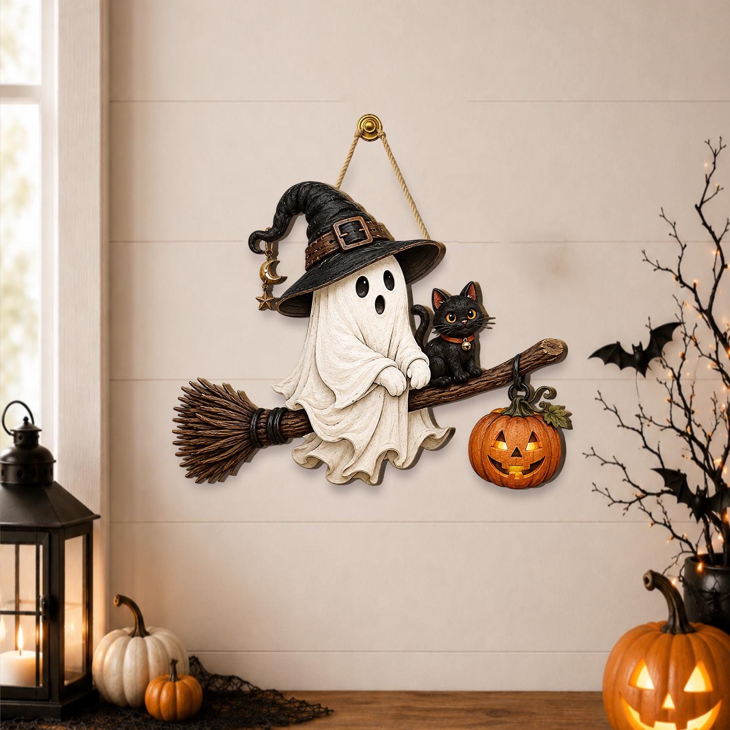 Halloween Ghost Witch Wooden Sign, Black Cat Pumpkin Decor, Rustic Fall Porch Hanger