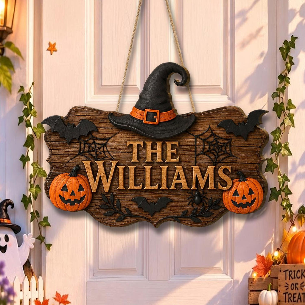 Personalized Halloween Door Sign, Custom Family Name Pumpkin Plaque, Haunted House Welcome Sign