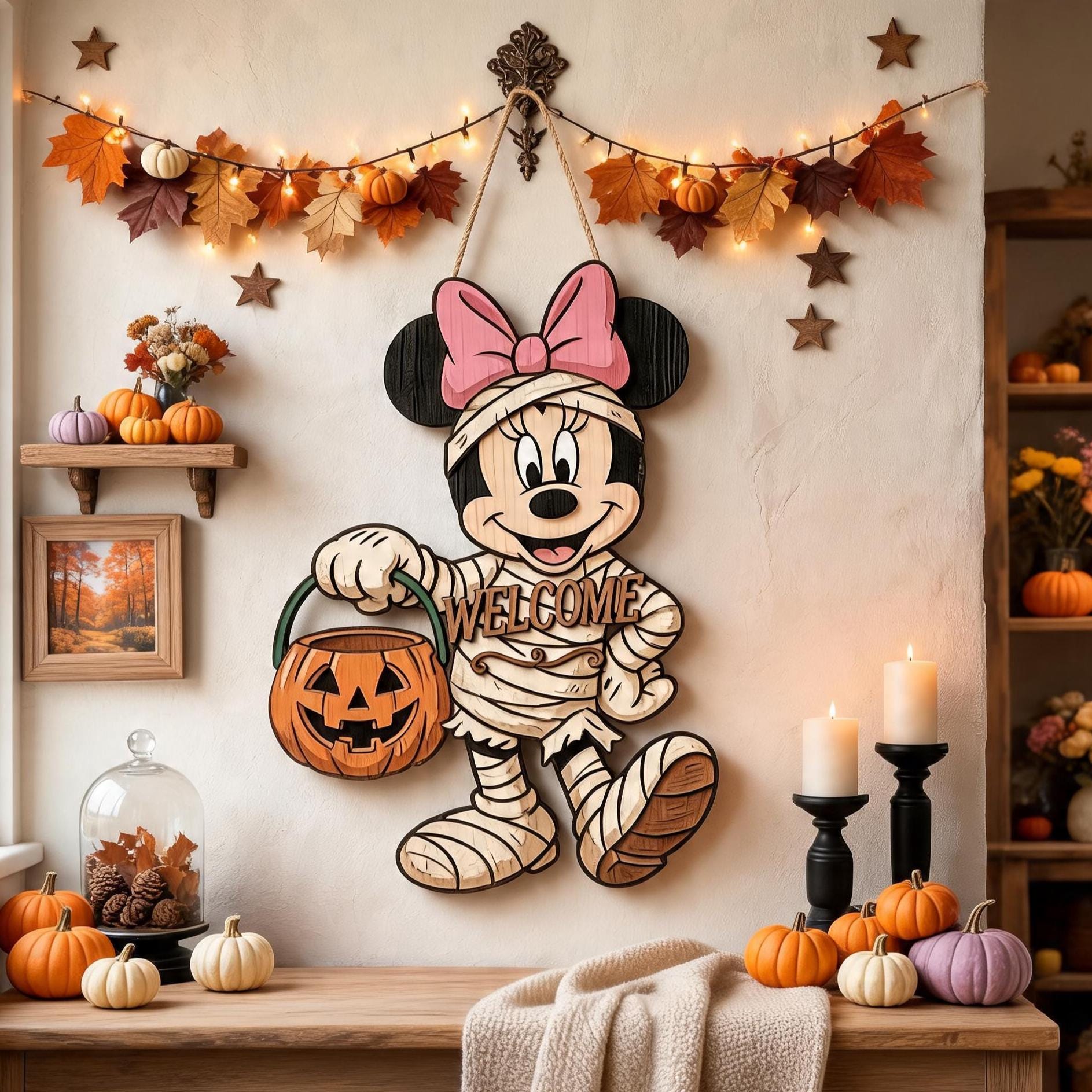 Personalized Spooky Minnie Mouse Door Hanger, Cute Halloween Ghost Sign, Minnie Halloween Decor with Pumpkin