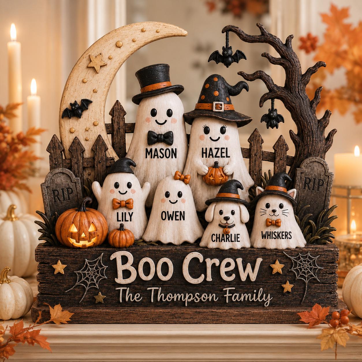 Personalized Halloween Gang Wood Sign, 3D Layered Ghost Family Decor With Custom Names, Crescent Moon Shelf Sitter For Fall Mantel