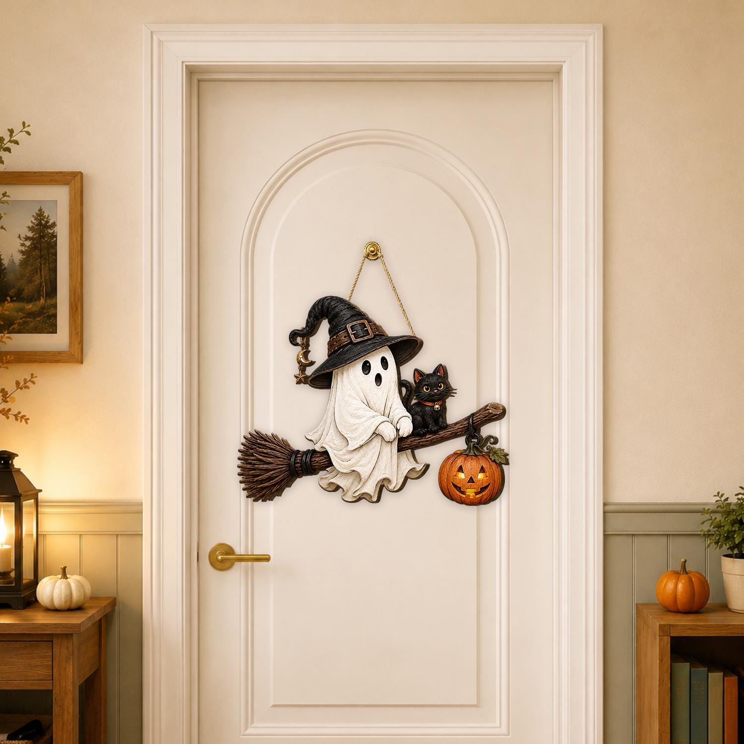 Halloween Ghost Witch Wooden Sign, Black Cat Pumpkin Decor, Rustic Fall Porch Hanger