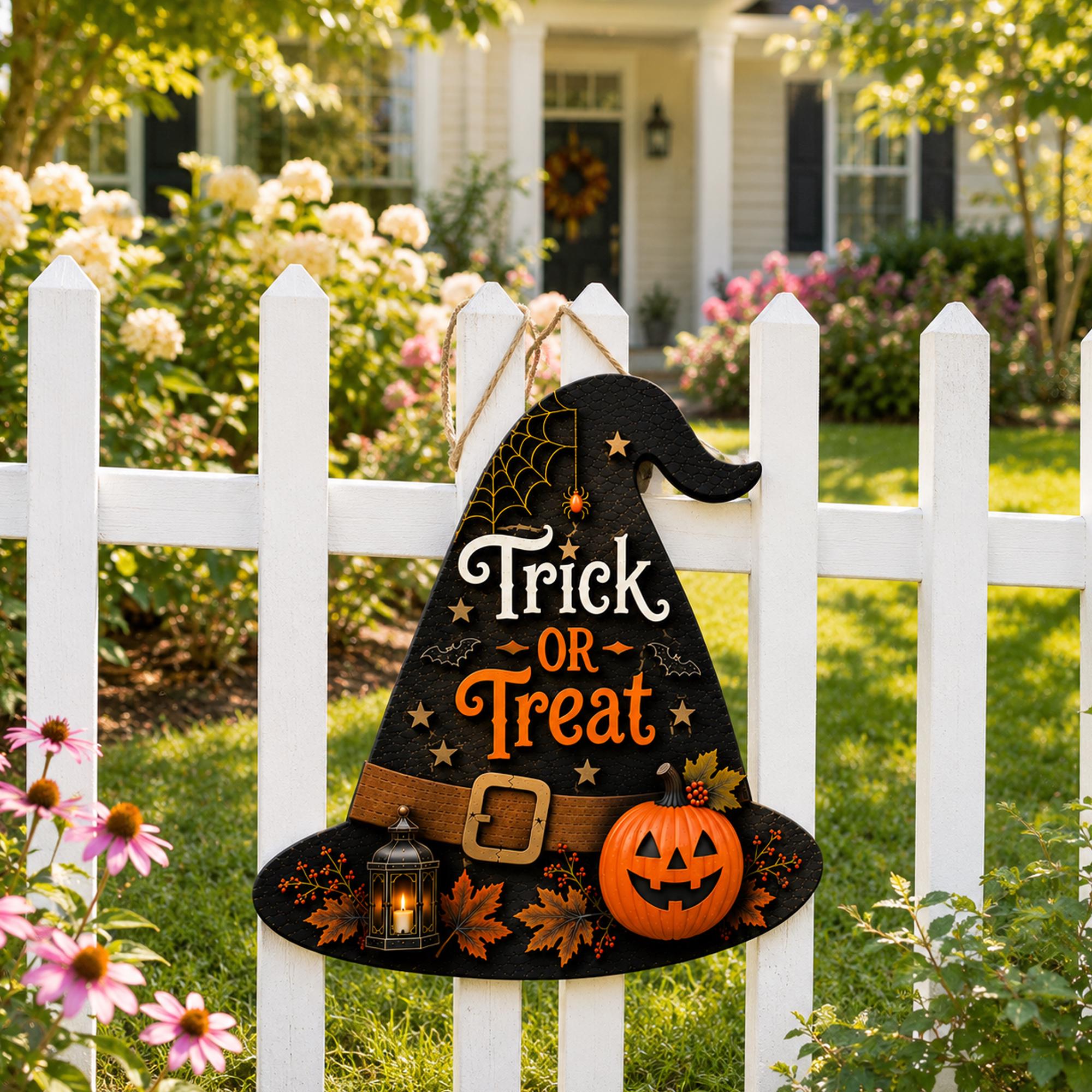 Halloween Witch Hat Door Sign, Trick Or Treat Pumpkin Door Hanger, Wooden Halloween Hanging Decor, Seasonal Wall Sign
