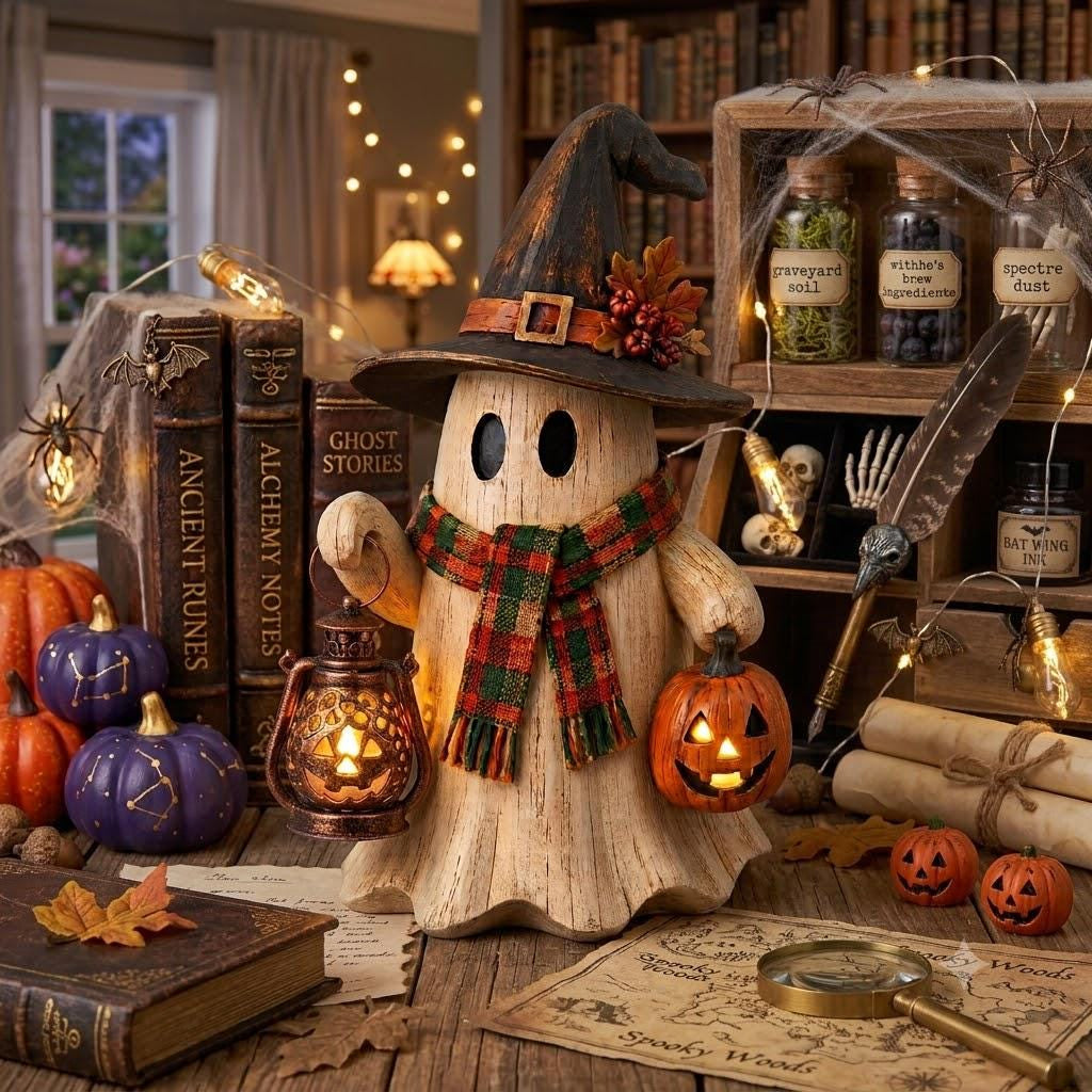 Wooden Ghost Lantern Block, Rustic Halloween Shelf Sitter, Cozy Fall Decor