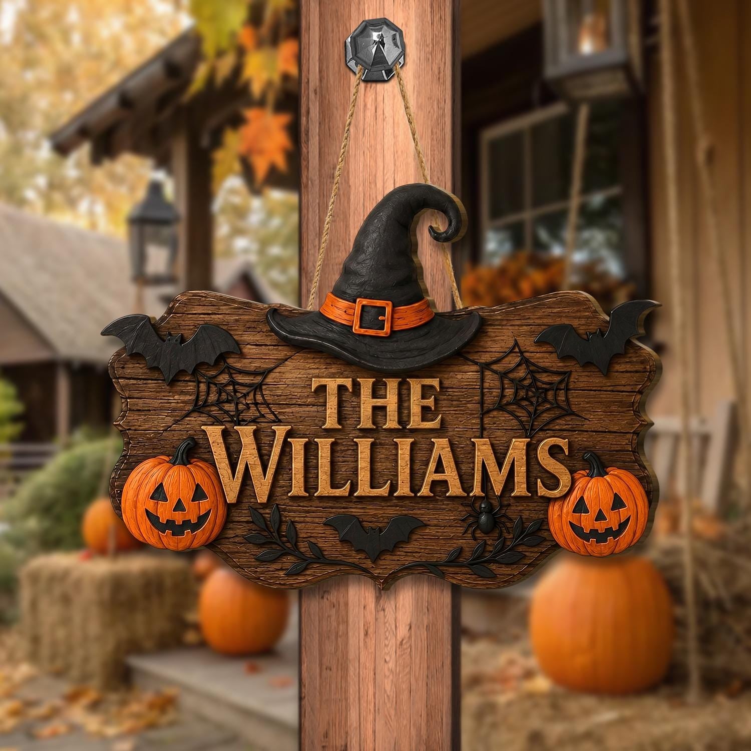 Personalized Halloween Door Sign, Custom Family Name Pumpkin Plaque, Haunted House Welcome Sign