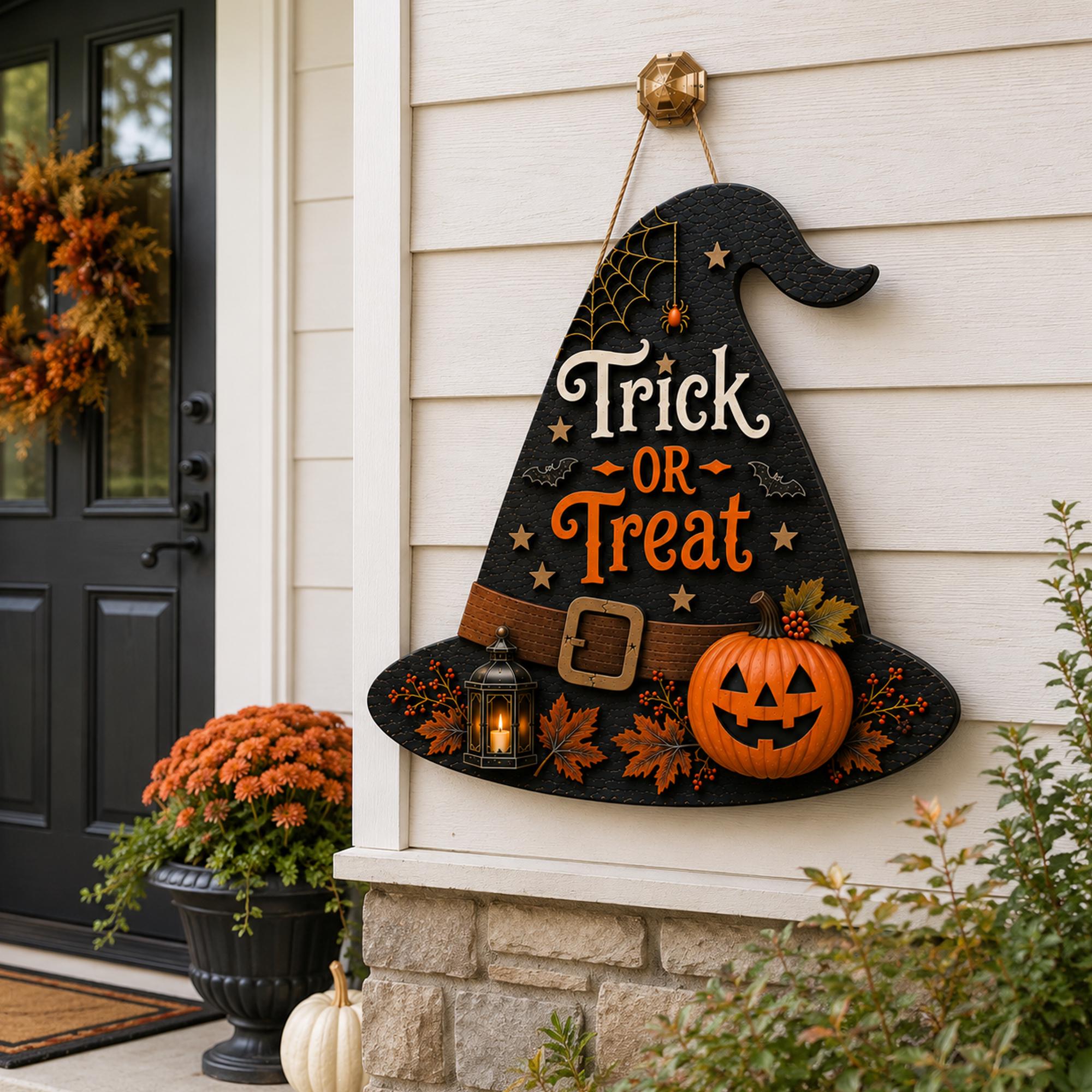 Halloween Witch Hat Door Sign, Trick Or Treat Pumpkin Door Hanger, Wooden Halloween Hanging Decor, Seasonal Wall Sign
