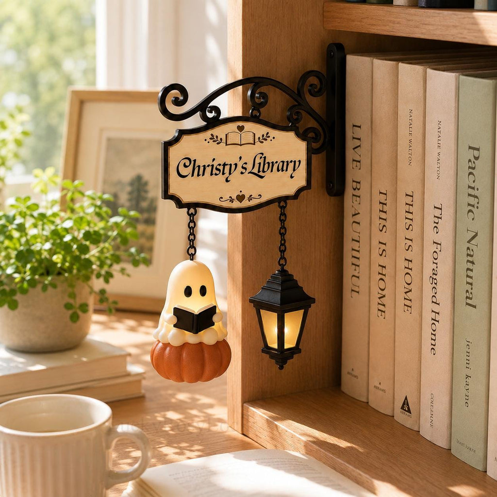 Personalized Reading Ghost Bookshelf Lamp, Halloween Book Nook Decor, Custom Library Light for Book Lovers