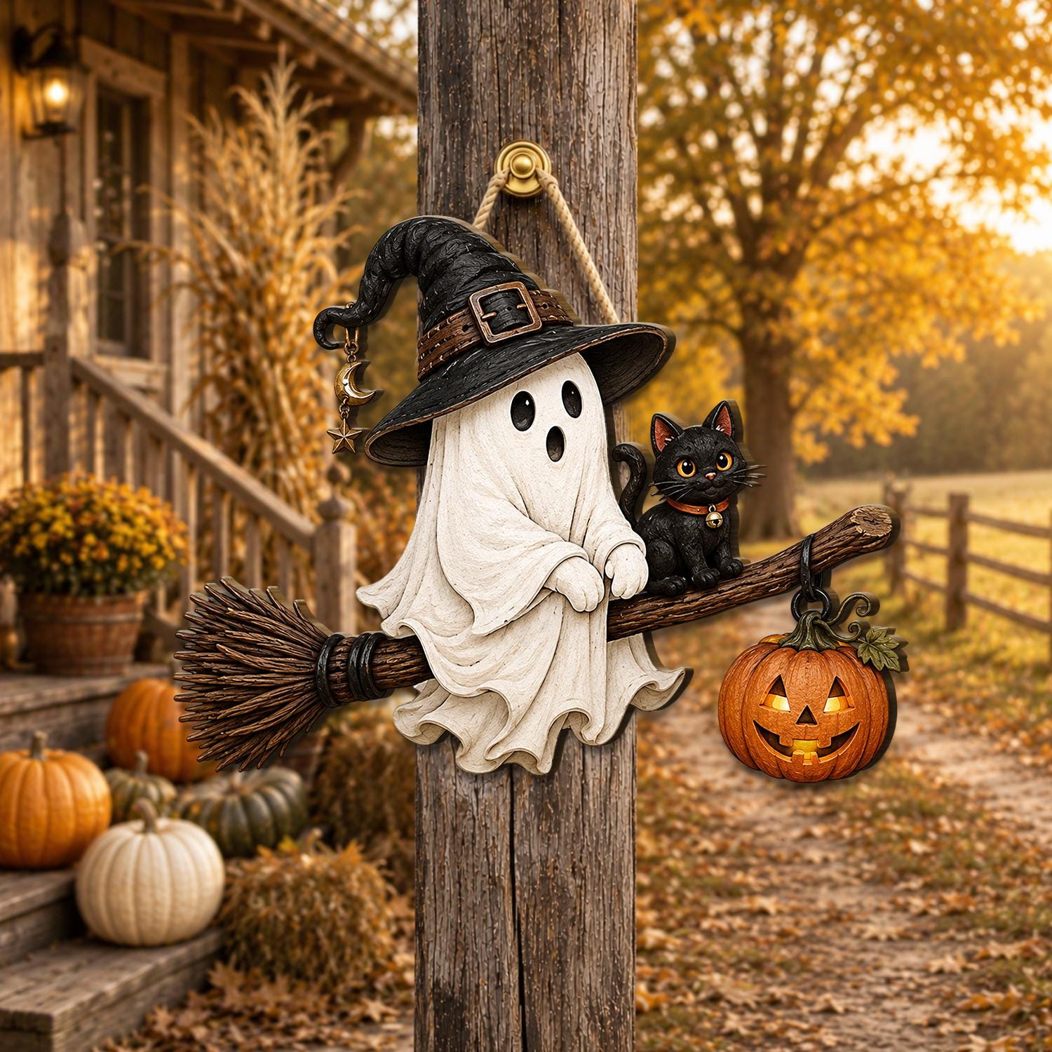 Halloween Ghost Witch Wooden Sign, Black Cat Pumpkin Decor, Rustic Fall Porch Hanger