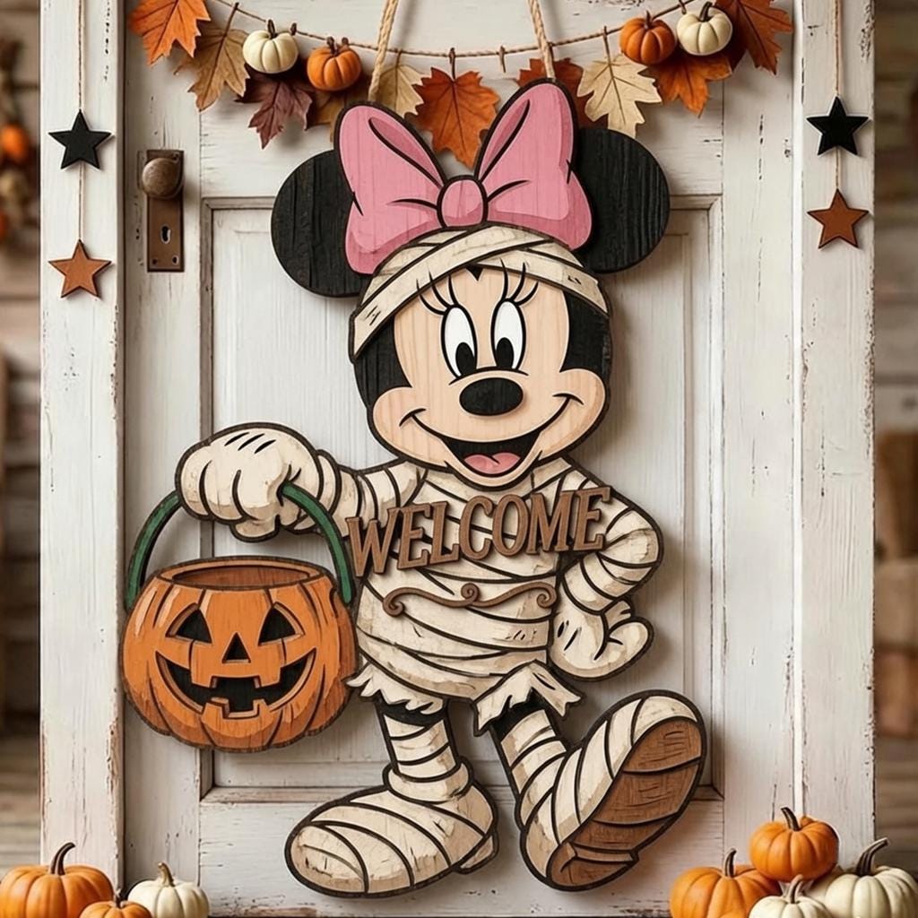Personalized Spooky Minnie Mouse Door Hanger, Cute Halloween Ghost Sign, Minnie Halloween Decor with Pumpkin
