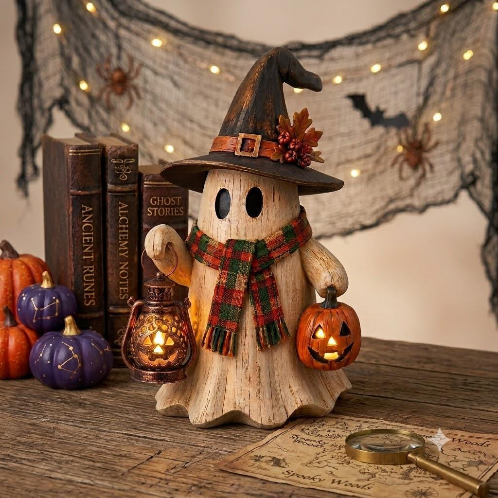 Wooden Ghost Lantern Block, Rustic Halloween Shelf Sitter, Cozy Fall Decor