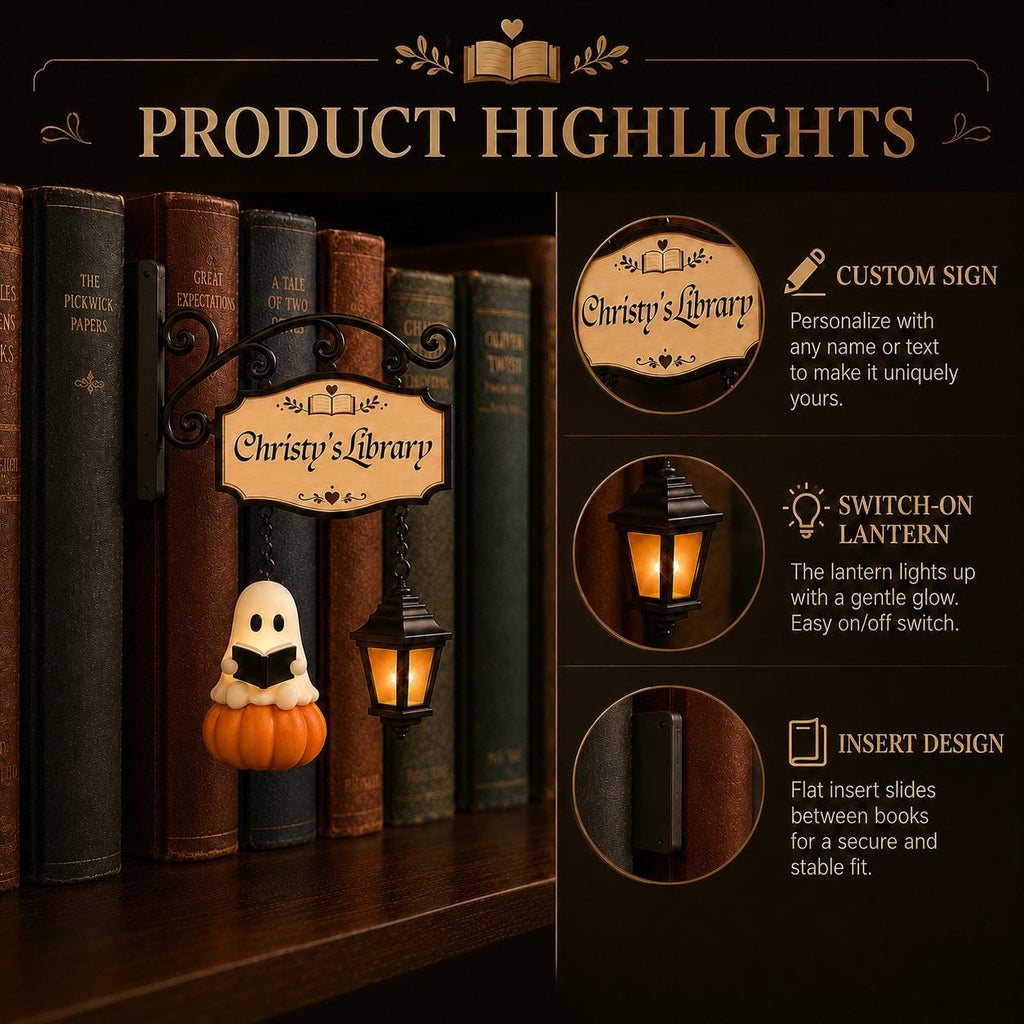 Personalized Reading Ghost Bookshelf Lamp, Halloween Book Nook Decor, Custom Library Light for Book Lovers
