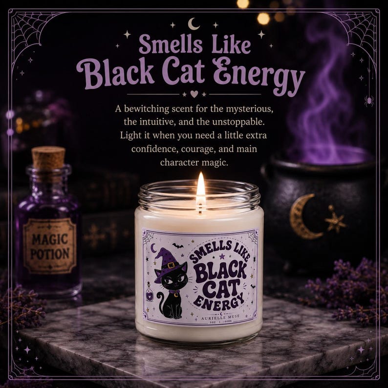 Smells Like Black Cat Energy Candle, Witchy Black Cat Soy Candle, Purple Halloween Decor, Mysterious Spooky Candle, Main Character Gift, Halloween Gift