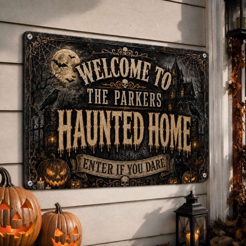 Personalized Welcome to Our Haunted Home Metal Sign – Custom Family Name Halloween Decor, Spooky Outdoor Wall Plaque