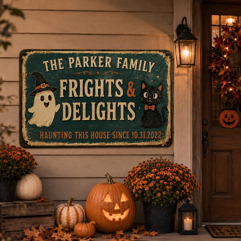 Personalized Frights & Delights Halloween Metal Sign – Custom Family Name, Ghost & Black Cat Decor, Spooky Wall Plaque