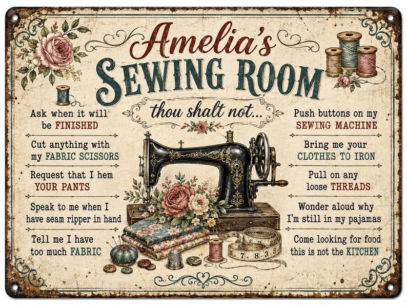 Personalized Sewing Room Thou Shalt Not Metal Sign – Vintage Seamstress Decor, Quilting Rules Wall Art, Retro Tailor Gift